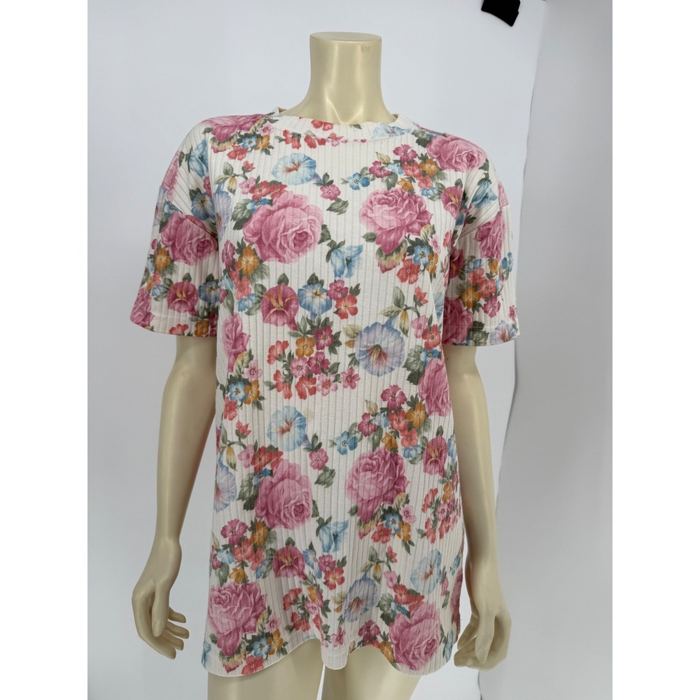 Vintage 90s Erika & Co Ribbed Floral Tee Oversized Boxy Fit Short Sleeve Pink L